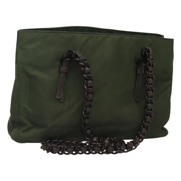 PRADA Chain Shoulder Bag Nylon Khaki Silver Auth - Picture 1 of 16